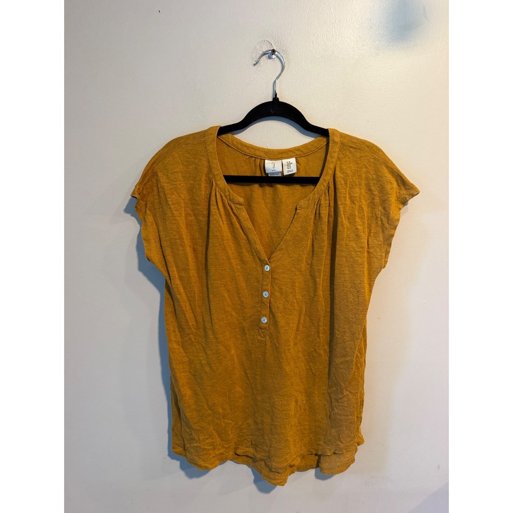Joie Mustard Yellow 100% Linen Short Sleeve Henley Top Size M